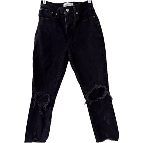Abercrombie & Fitch Black High Rise Mom Jeans Size 25 Short Cutout Punkgoth - Picture 1 of 5